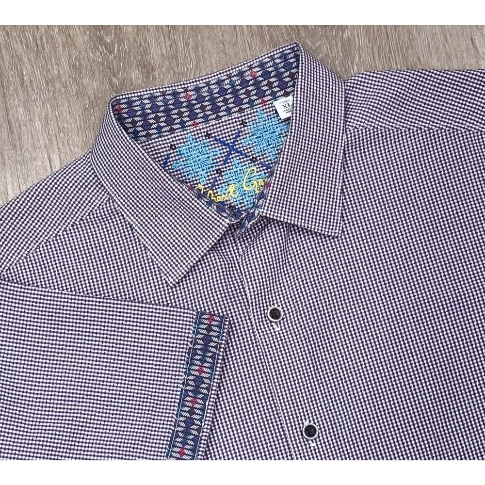 Robert Graham Shirt Classic Fit Purple Blue Short Sleeve Flip Cuff Mens XL